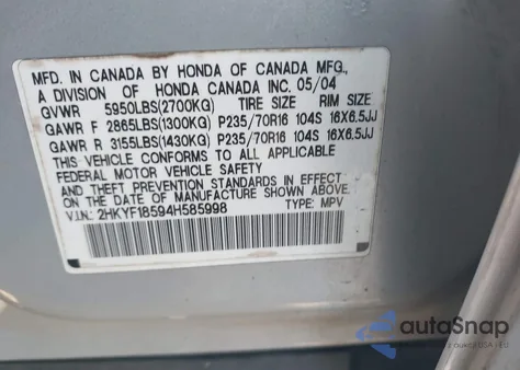 2004 Honda Pilot Ex-L from USA, damaged, VIN 2HKYF18594H585998